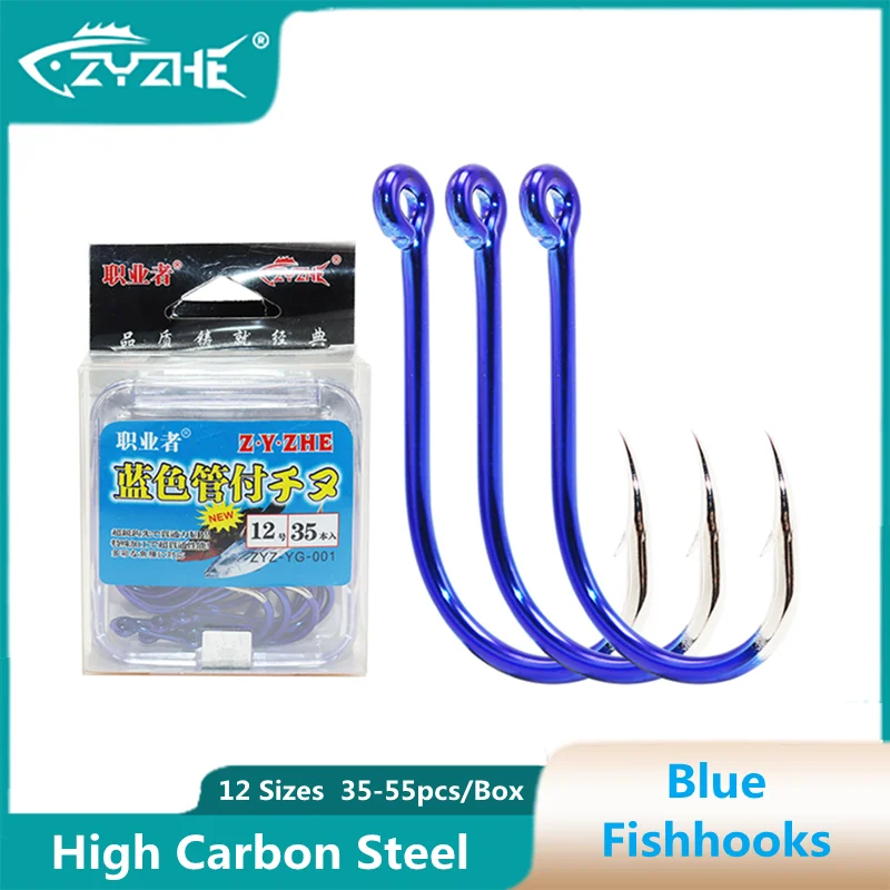 ZYZ 블루 낚시 후크 보관 케이스 포함, 고탄소강, 12 가지 크기의 치누 후크, 바다 또는 담수 낚시 도구, 35-55 개/상자
